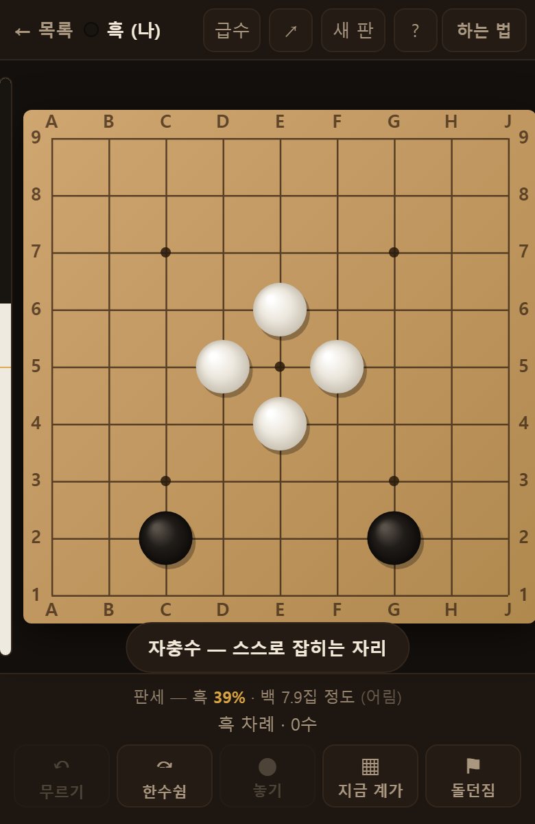 사방이 흰 돌로 막힌 자리에는 못 놓습니다. 자충수라고 알려 줍니다.