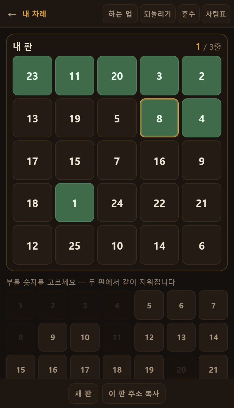 내 판과 상대 판이 나란히 보입니다. 부른 숫자는 두 판에서 같이 지워집니다.