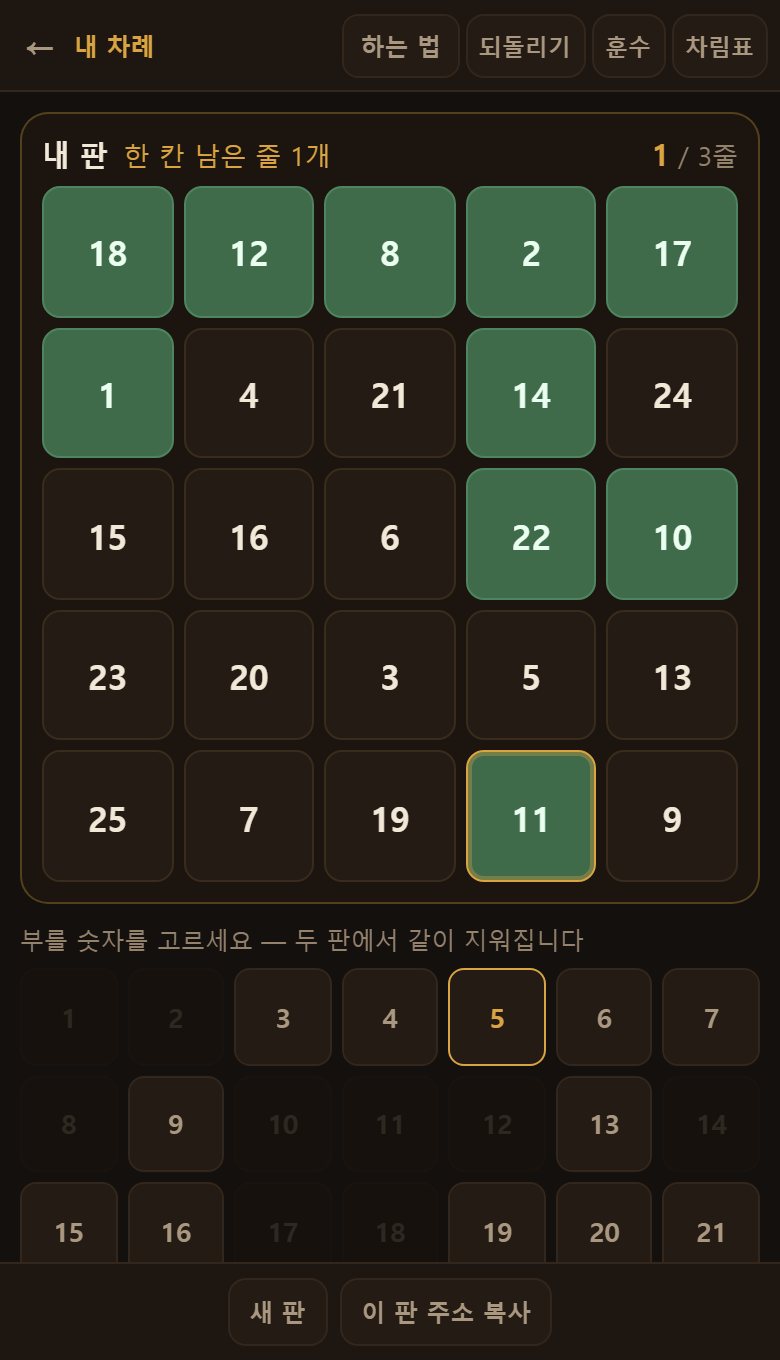 훈수를 켜면 내 줄만 채우는 숫자와 상대 줄도 채우는 숫자를 색으로 갈라 줍니다.