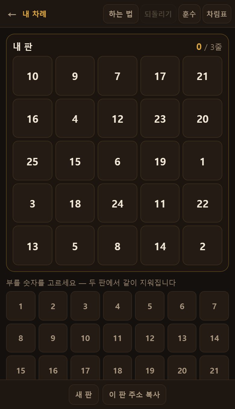 갓 시작한 판입니다. 두 판에 1부터 25까지가 서로 다르게 섞여 있습니다.