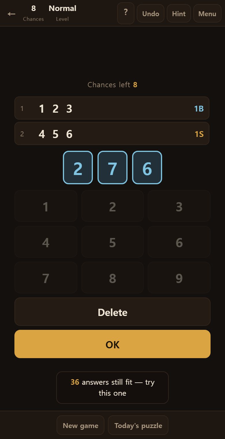 Hint narrows down the answers that fit, enters one, and tells you how many candidates remain.