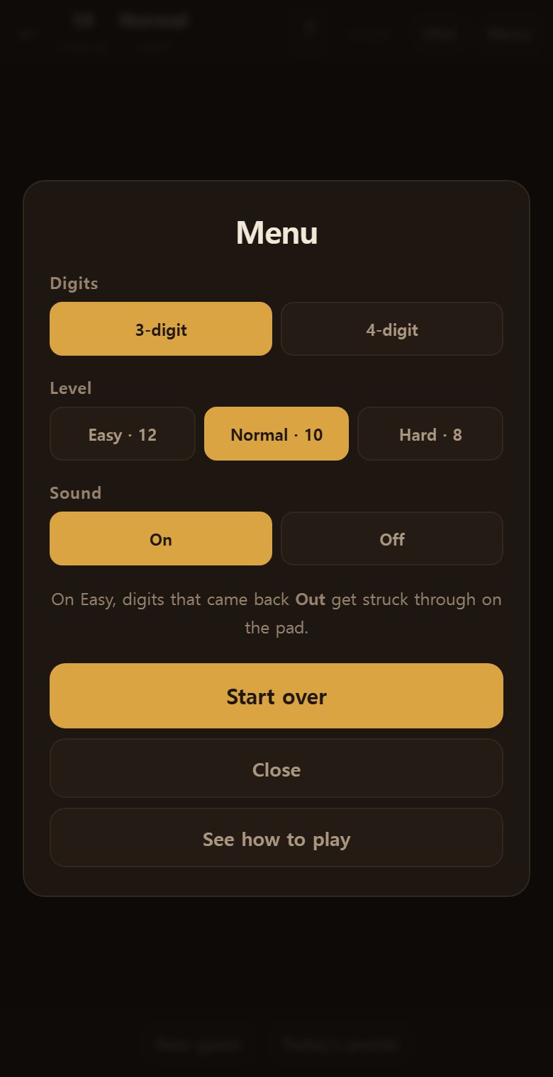 The menu sets the number of digits and the difficulty. Difficulty changes how many chances you get.