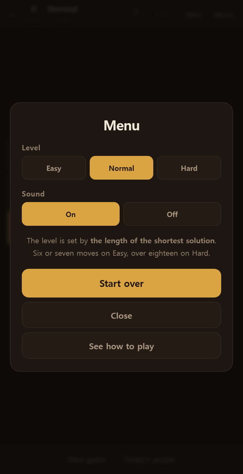 The menu sets the difficulty, measured by the length of the shortest solution.