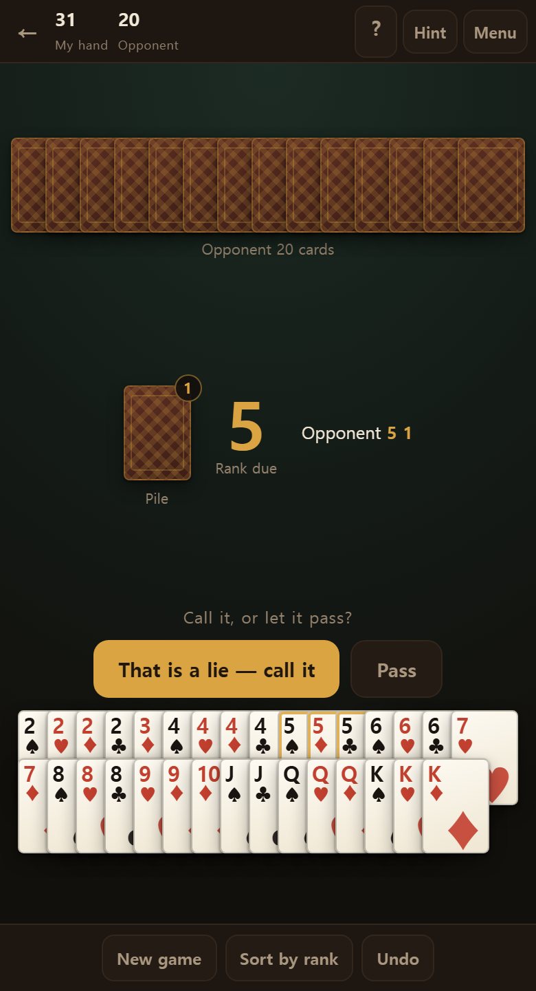 Their hand above, the pile and the rank due in the middle, your hand below. Gold rings mark the cards that really are the rank due.