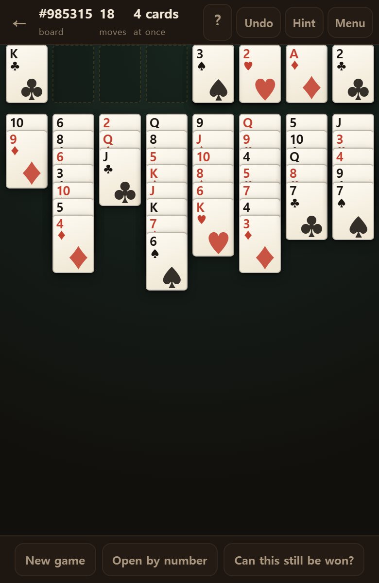 A few moves in. The number at the top says how many cards you can move at once right now.