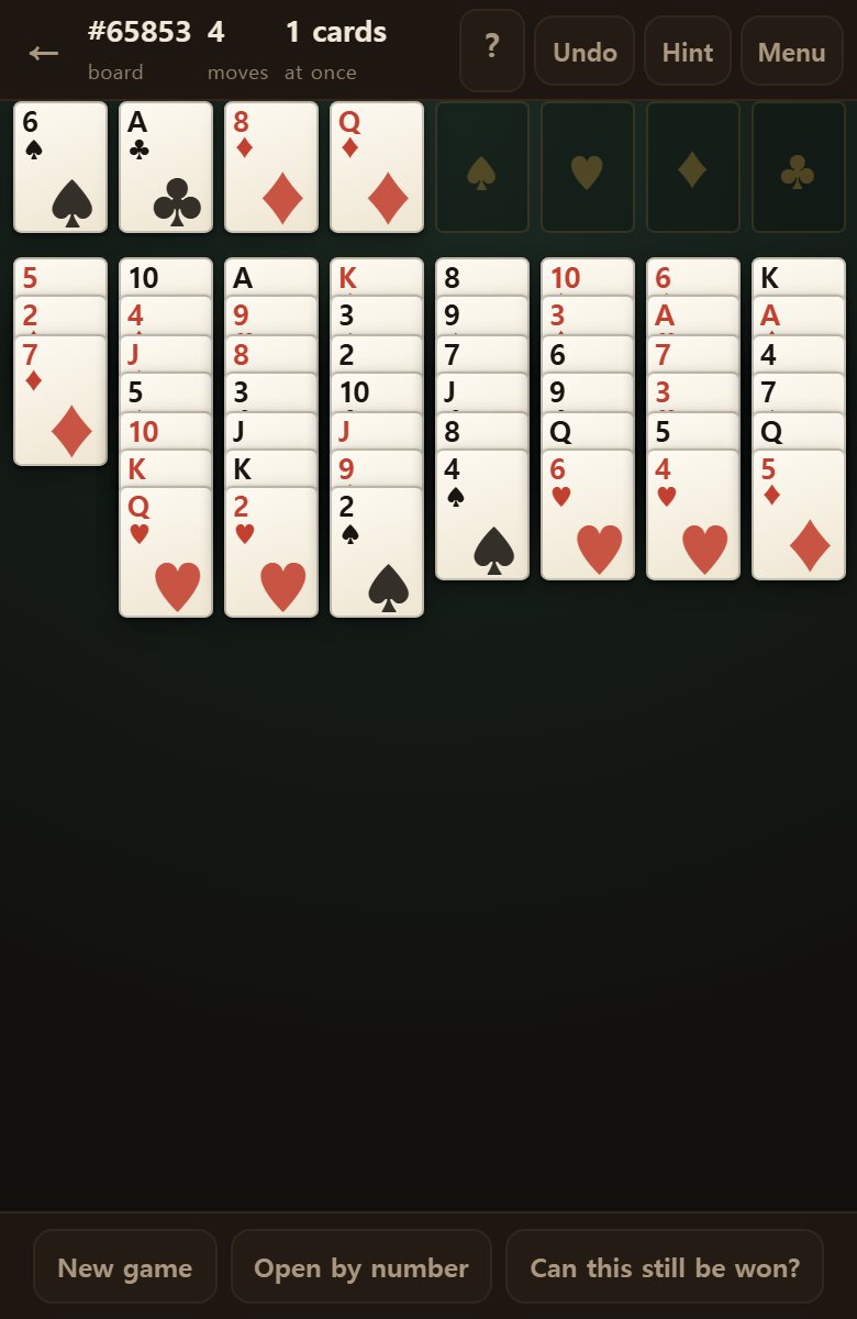 All four free cells full. Now you can only move one card at a time.