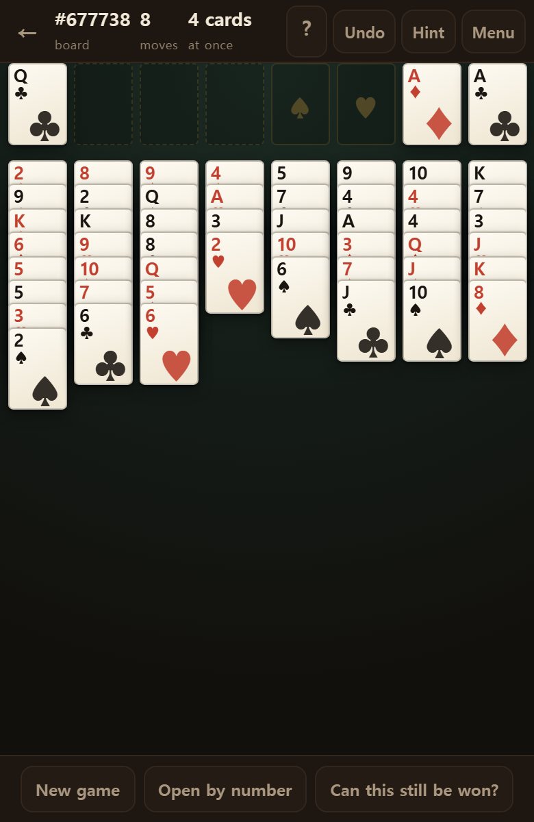 The bottom card of any column is always available, and a card in a free cell can come back out.