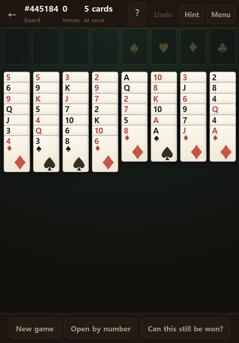 A freshly dealt board. All fifty-two cards are face up — nothing is hidden.