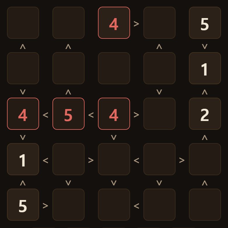 A board filled with the signs read backwards. The broken squares show up red.