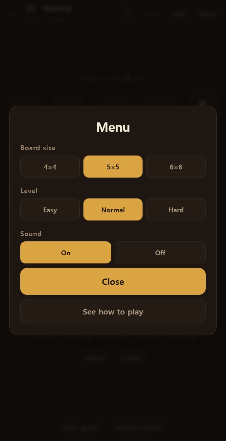 The menu sets the board size and the difficulty. Harder means fewer signs and fewer numbers.