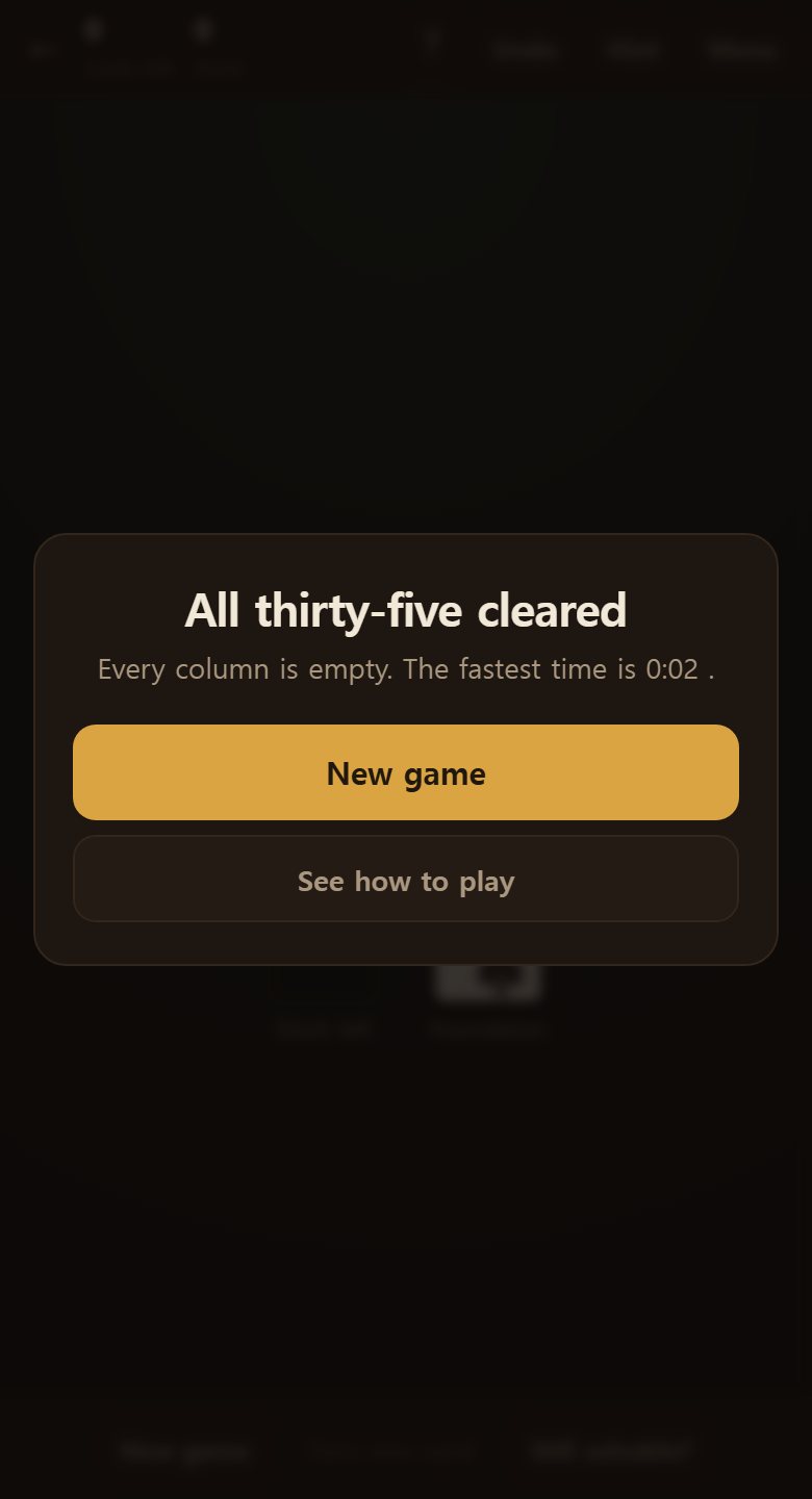 Clear all thirty-five and it is over. Your time and the deal number are shown.