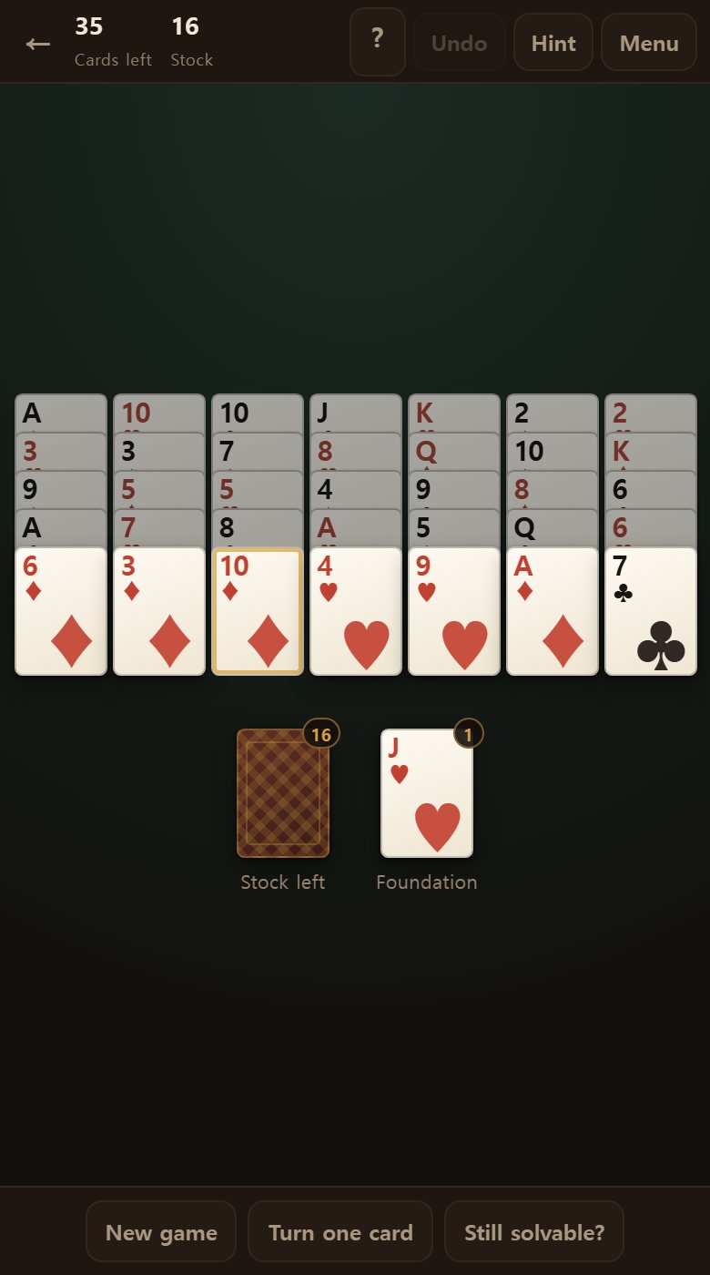 A freshly dealt board. Nothing is face down, so you can see where everything is from the start.