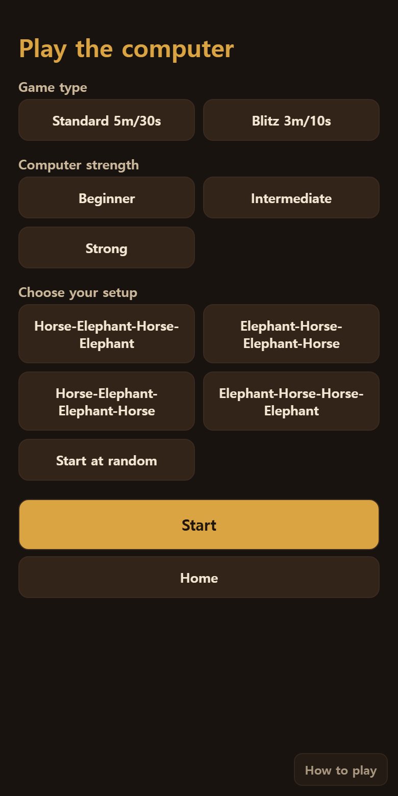 Choosing a setup. Before the game you can swap your Horses and Elephants around — four arrangements to pick from.