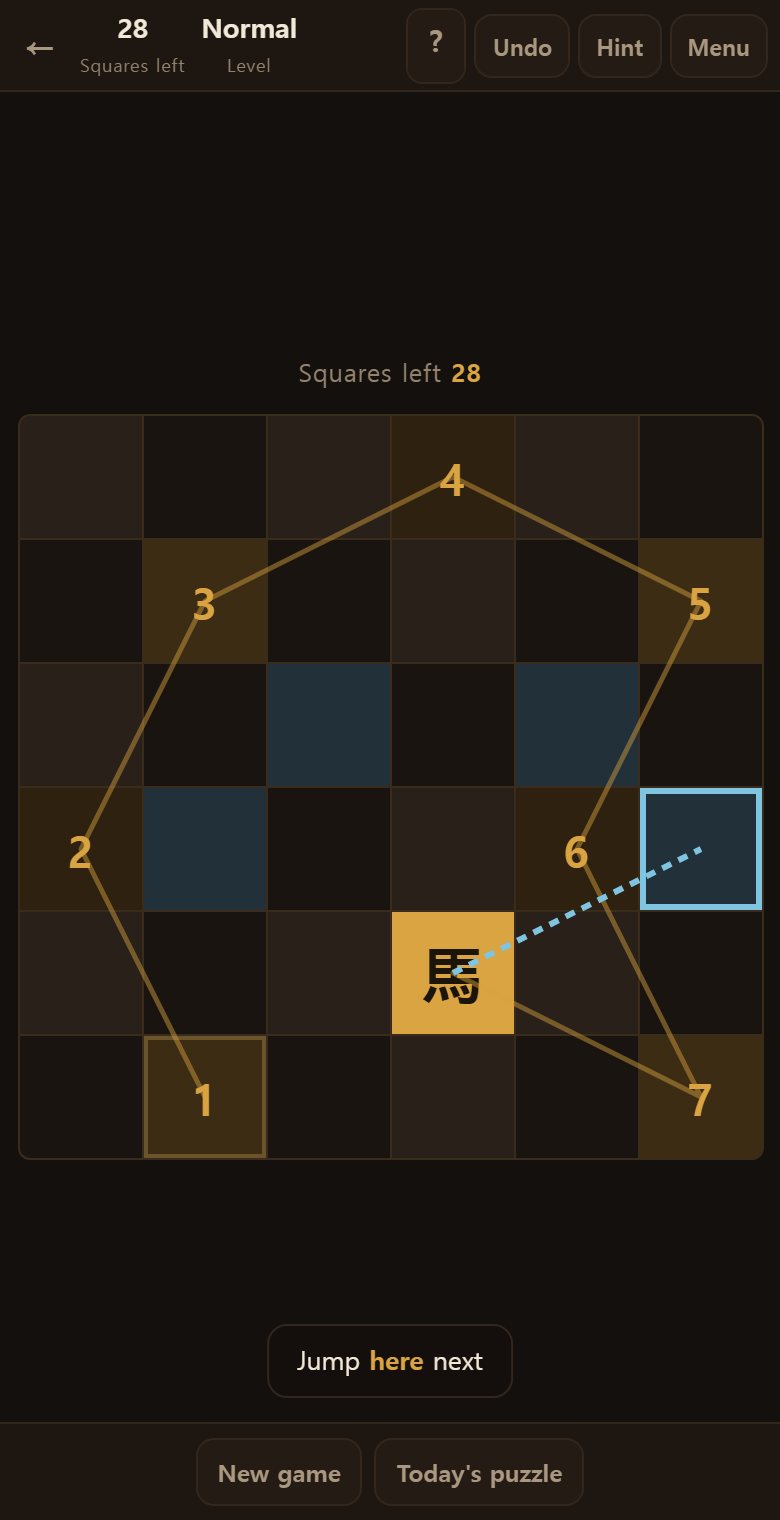 Hint marks the next square and draws the jump as a dotted line.