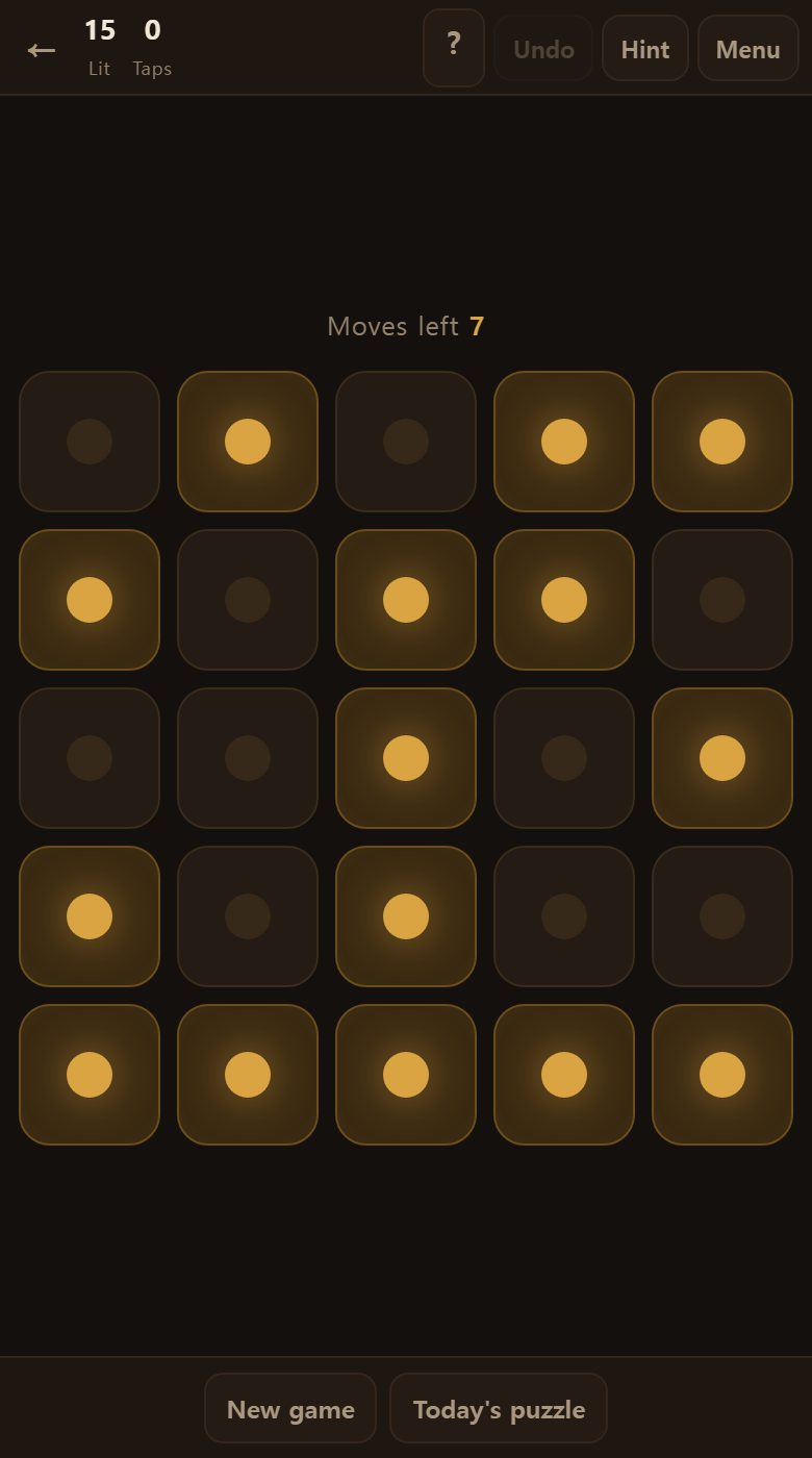 The board sits in the middle. Bright squares are lit, and the moves left show above it.