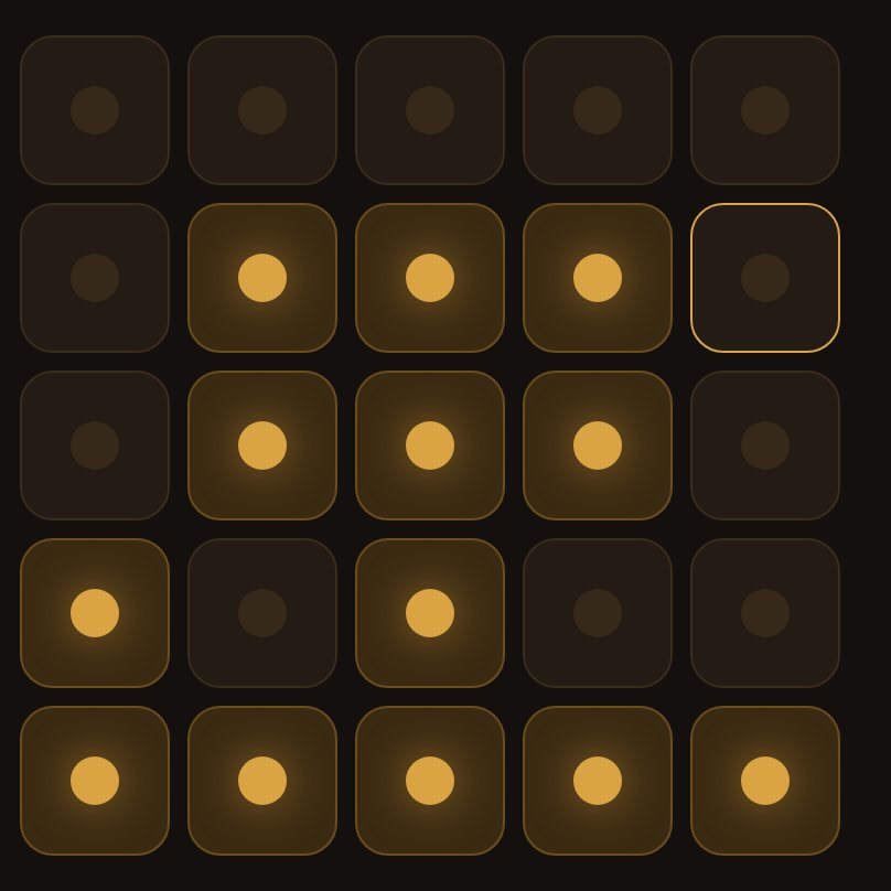 Tap directly below each lit square in the top row. The top row goes dark and the row below scrambles.