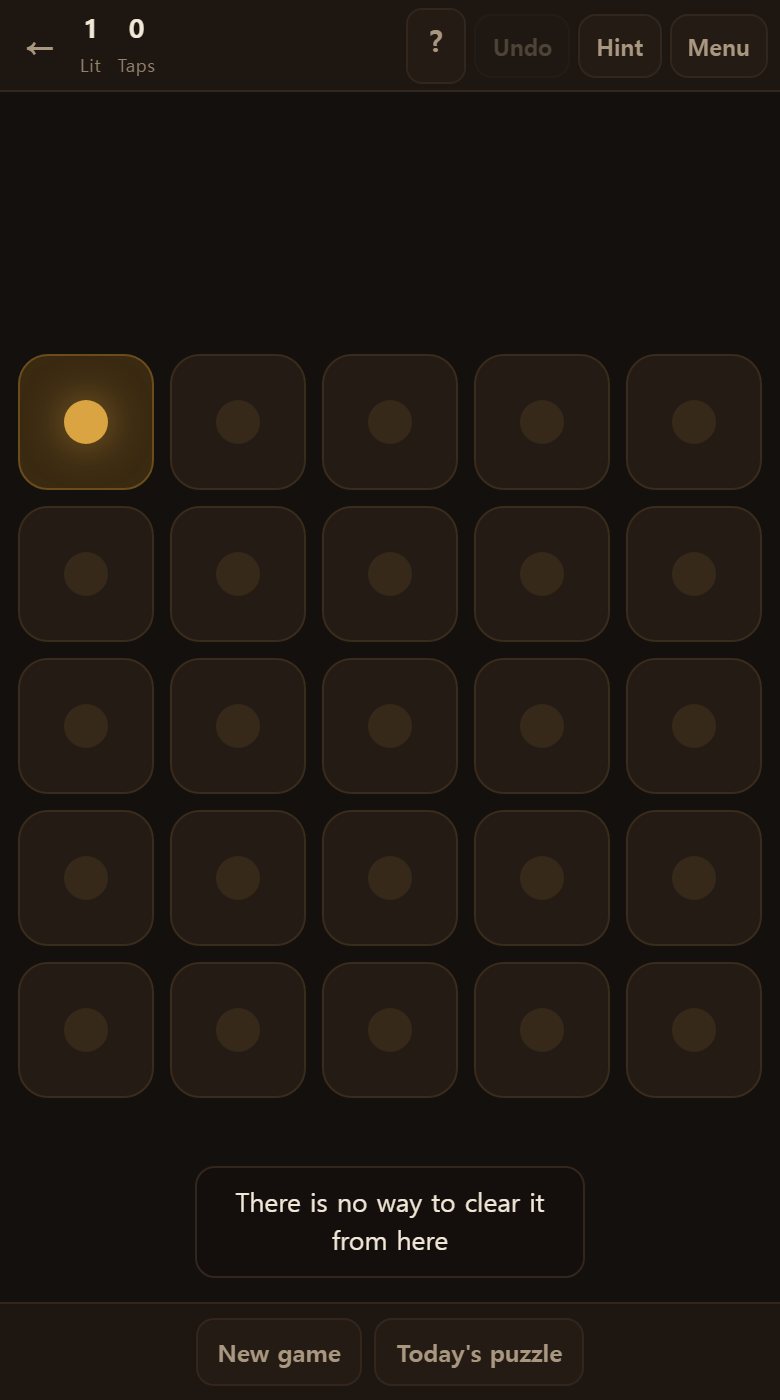 On a 5x5, a board with a single lit square usually cannot be cleared. Even the hint has nothing to point at.