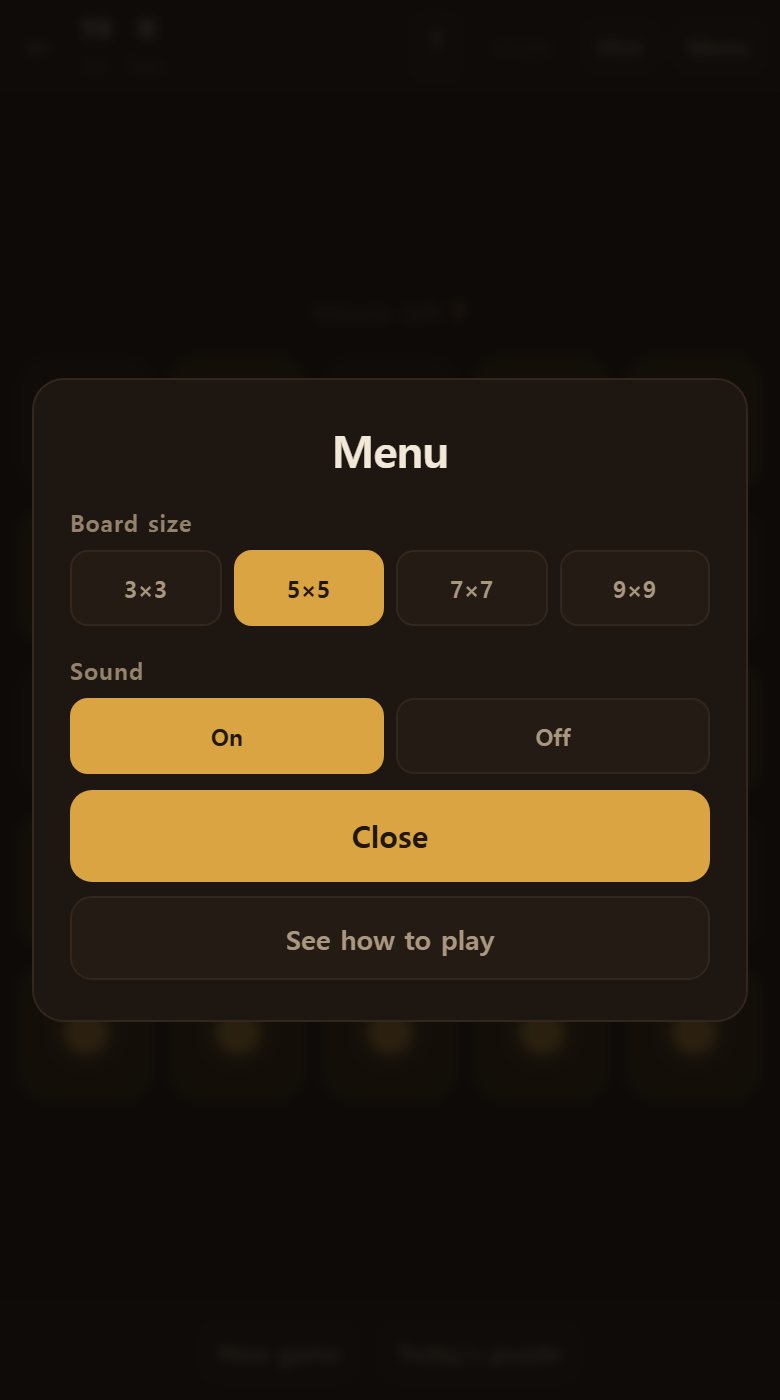 The menu sets the board from 3x3 up to 9x9. Each size keeps its own record.