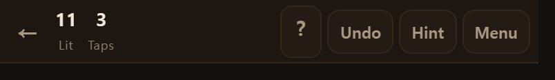 The top bar. Lit squares, time and taps on the left; undo and hint on the right.