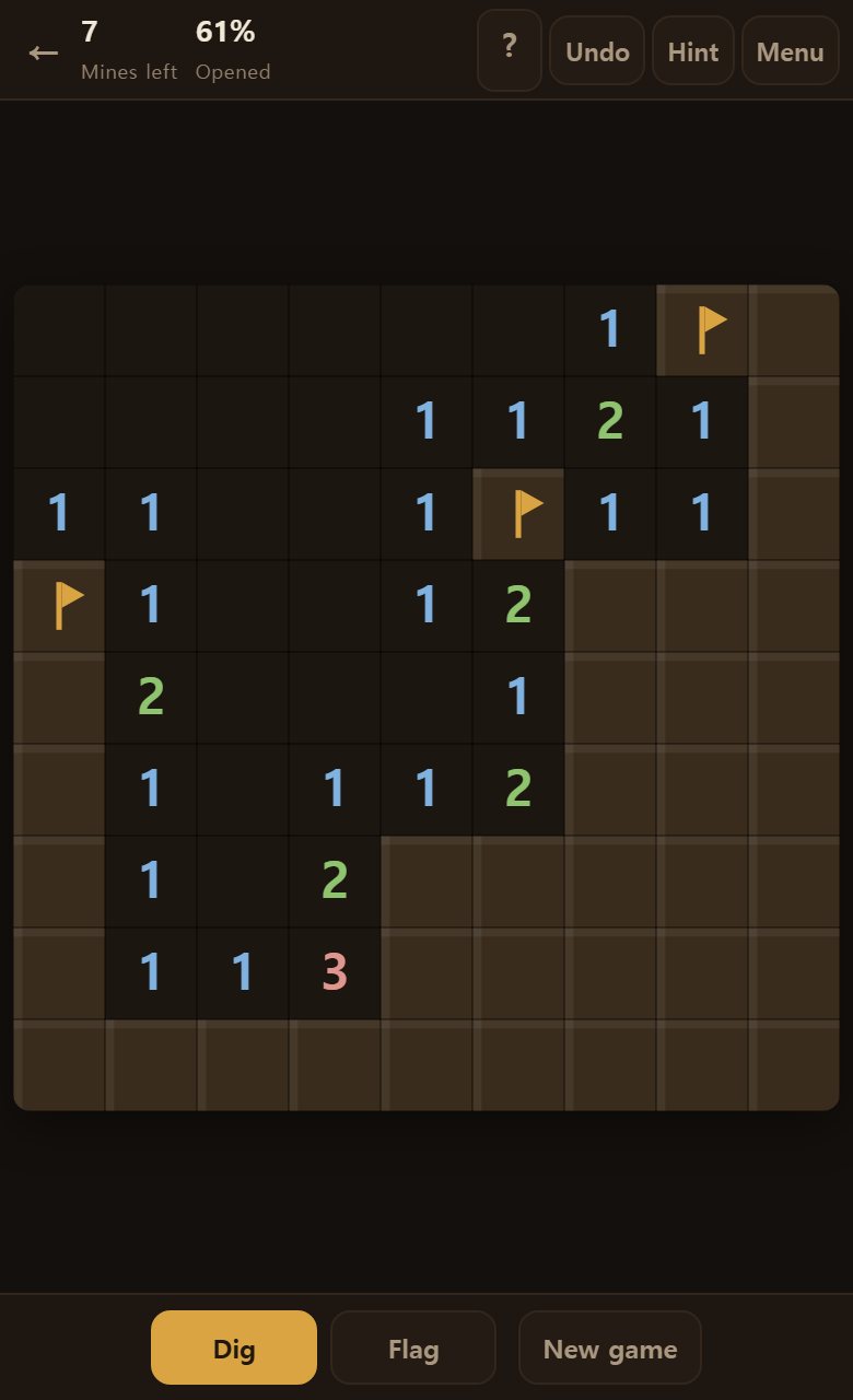 The first square opened. A number counts the mines in the eight squares touching it.