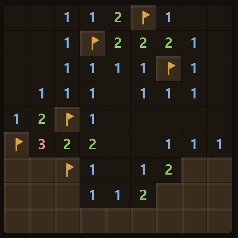 A number counts the mines in the eight squares touching it. A 1 means exactly one of those eight is a mine.