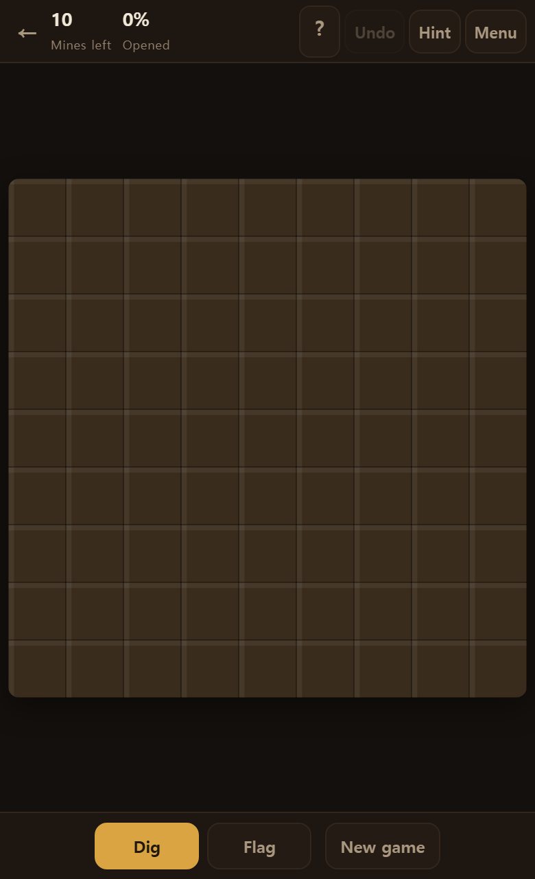 A fresh board with nothing opened yet. The first square you dig is always safe.