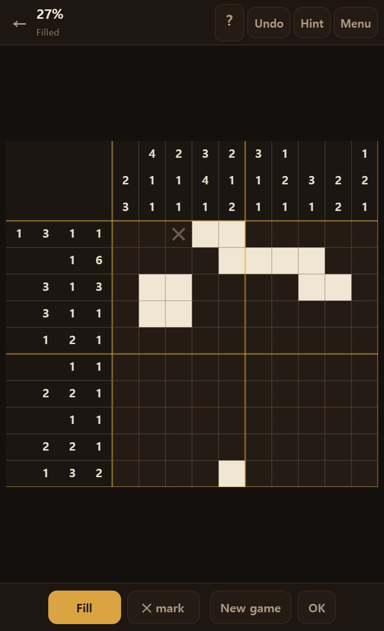 A few squares filled. The numbers along the edges are the clues.