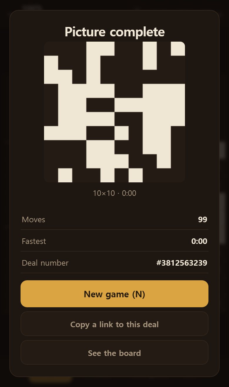 Solved, the filled squares are gathered into the picture. The board number and your move count come with it.