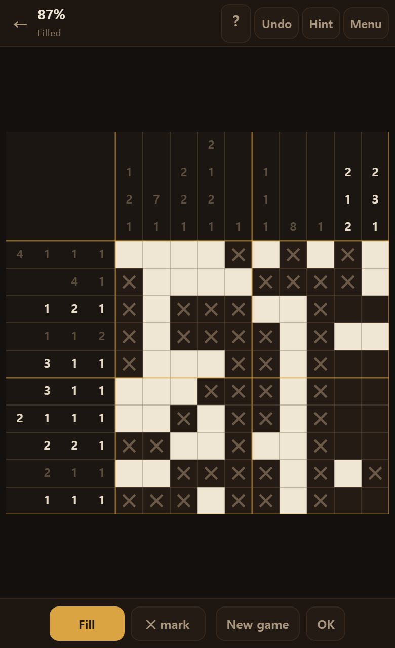 Nearly solved. The lines left fill in one go, straight from the numbers.