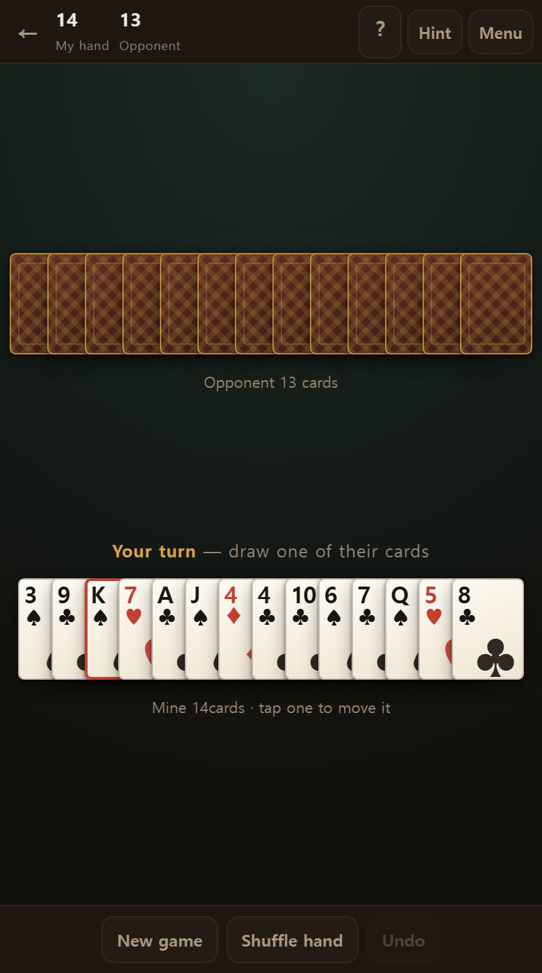 Every pair in hand is discarded the moment the cards are dealt, so hands shrink sharply before play begins.
