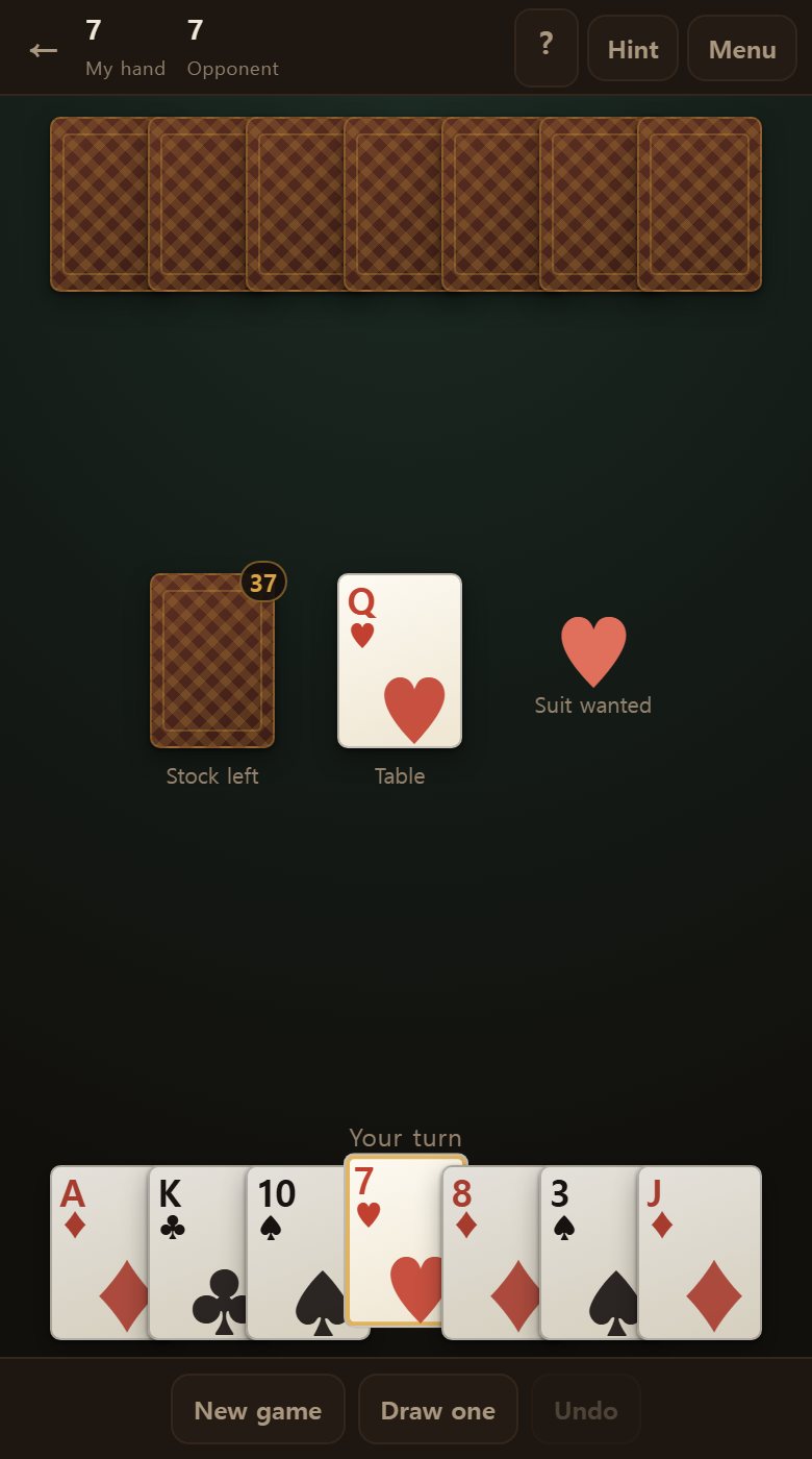 Their hand above, the stock and the table in the middle, your hand below. Cards ringed in gold can be played.