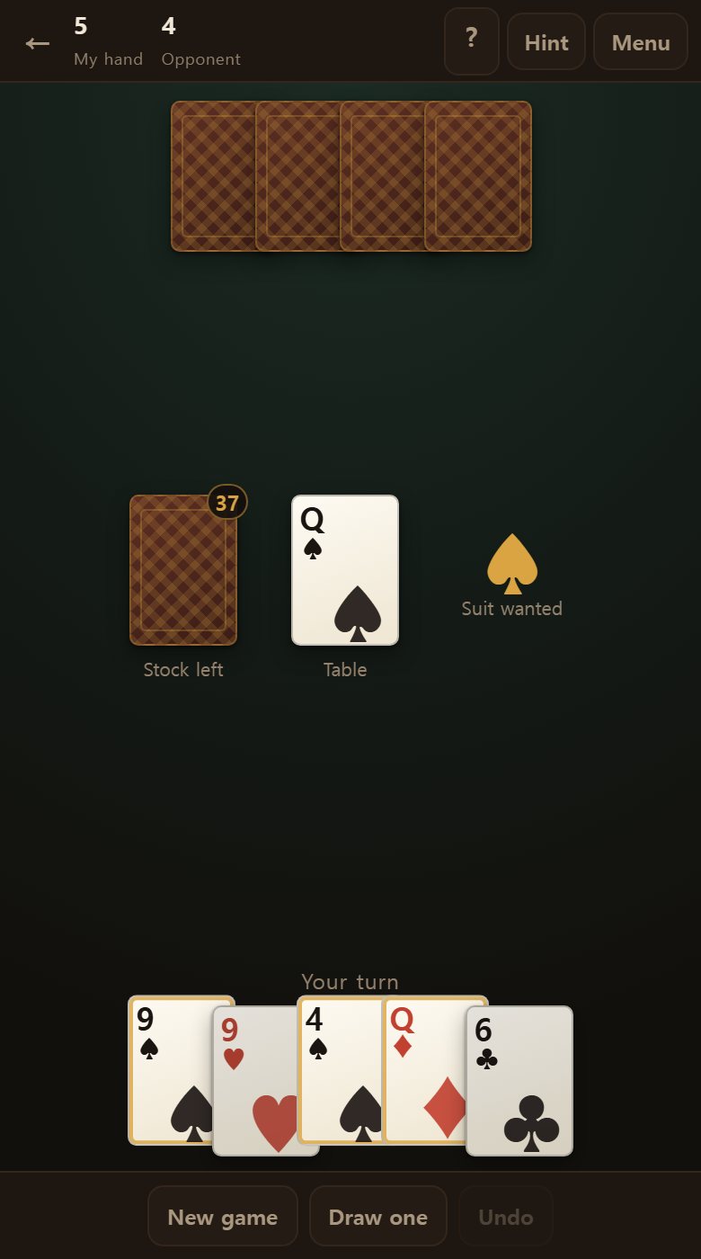 A gold ring marks every card matching the table by suit or rank. Those are the only playable ones.