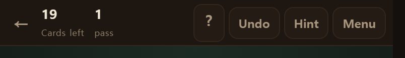 The top bar. Cards left, time and round on the left; undo, hint and menu on the right.
