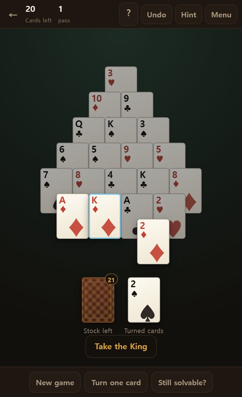A K is already 13, so one tap takes it. The hint says as much.