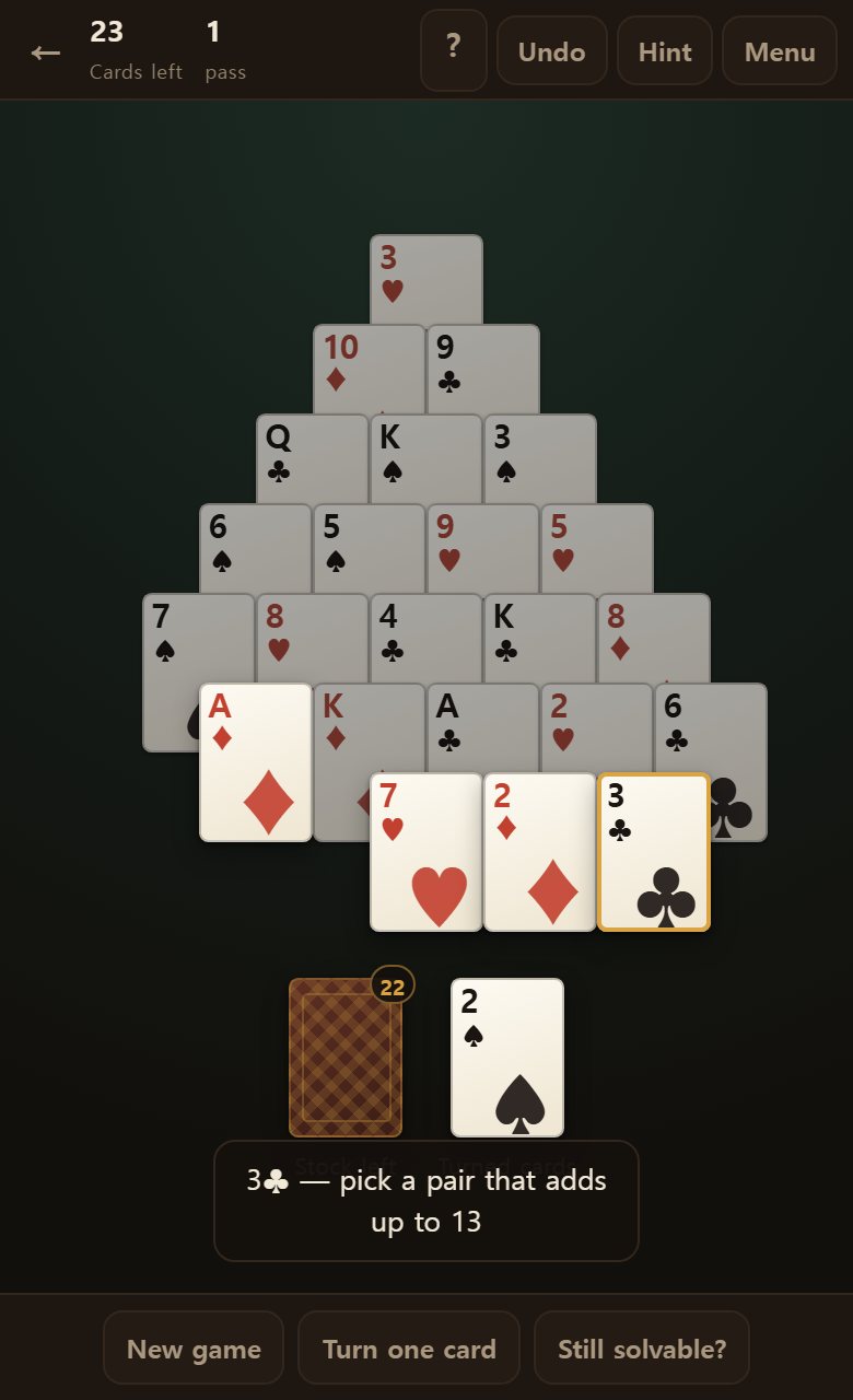 Tap an available card and a gold ring appears — that means it is picked.