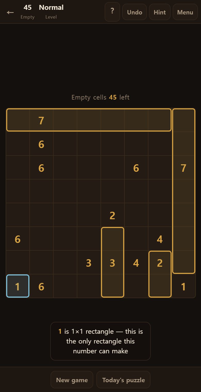 Hint marks the next rectangle in blue, and gives its size and the reason for it.