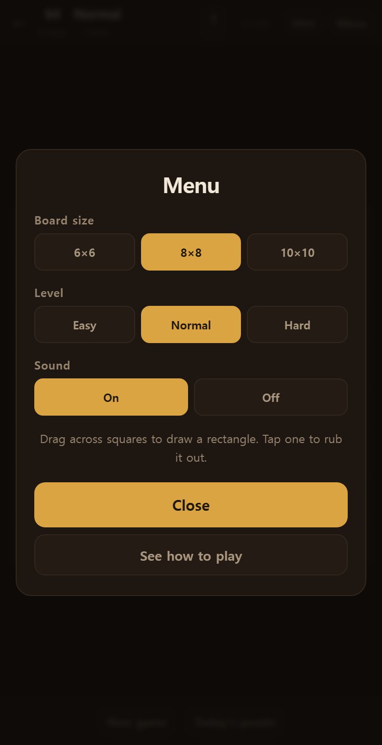 The menu sets the board size and the difficulty. Harder means bigger rectangles and fewer of them.