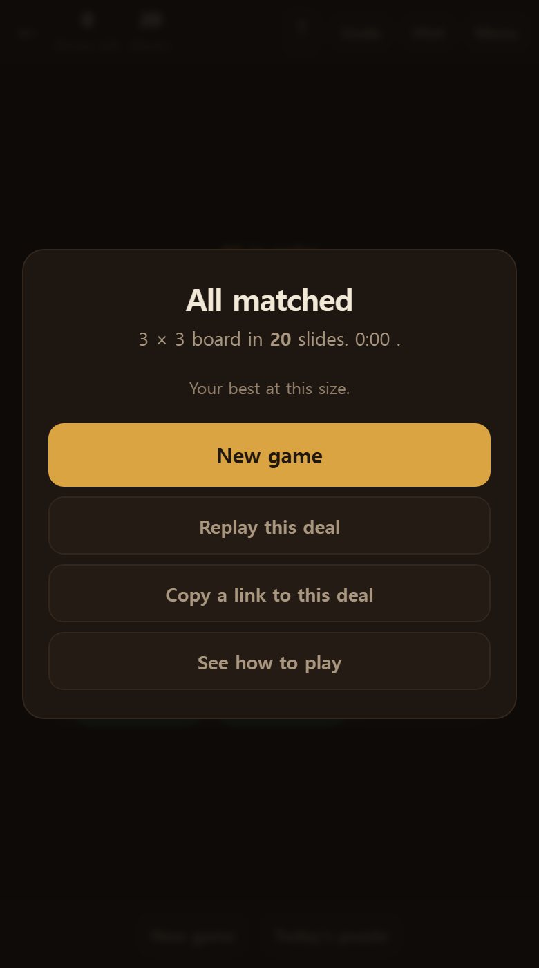Solved, every tile turns green, and your slides and time are shown.