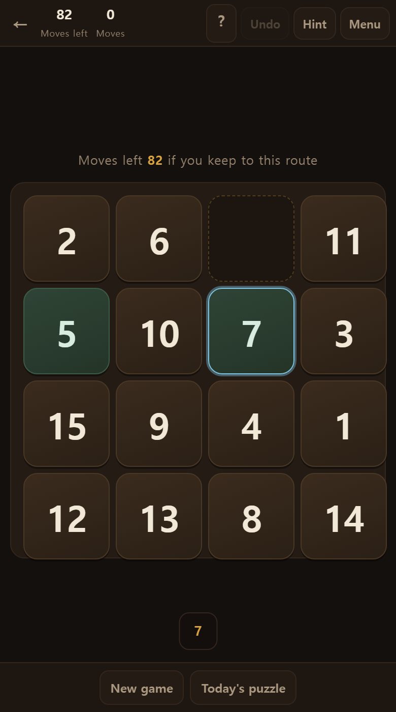 Hint marks the next tile to slide in blue, and says how many slides remain below.