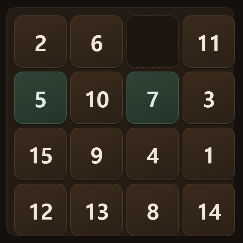 Only tiles touching the gap will slide. Tap one further away as often as you like — it stays put.