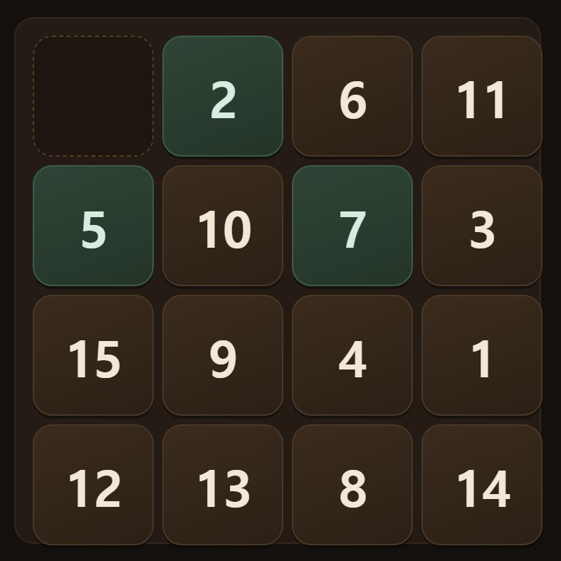 Tap a tile in the same line as the gap and every tile between them slides along together.