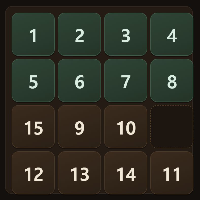 Work down a row at a time from the top. A tile in its place turns green.