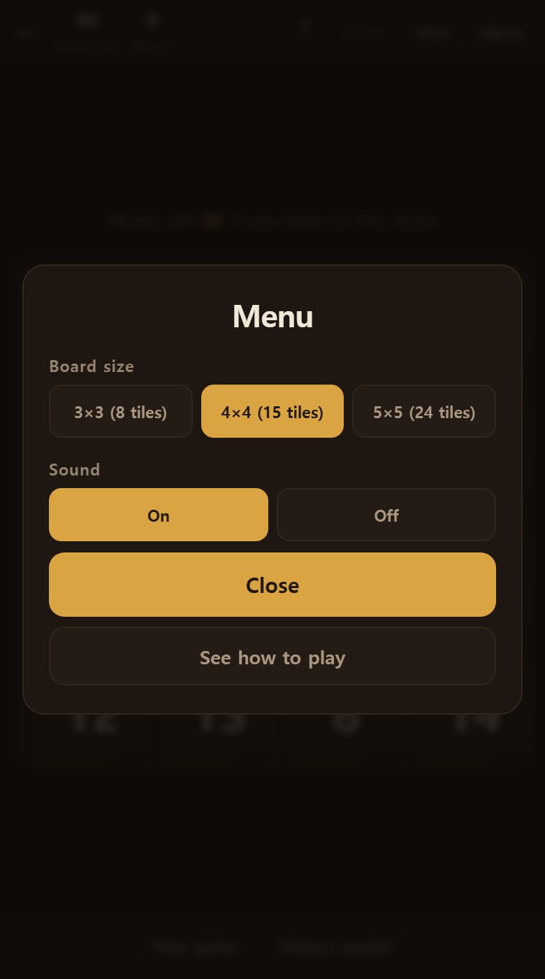 The menu sets the board to 3x3, 4x4 or 5x5. Each size keeps its own record.