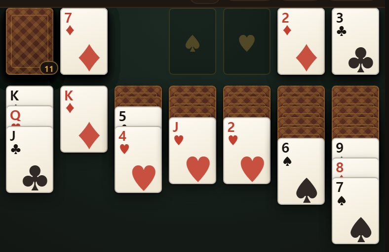 Clear what sits on top and the face-down card turns by itself. That is the real work of Solitaire.