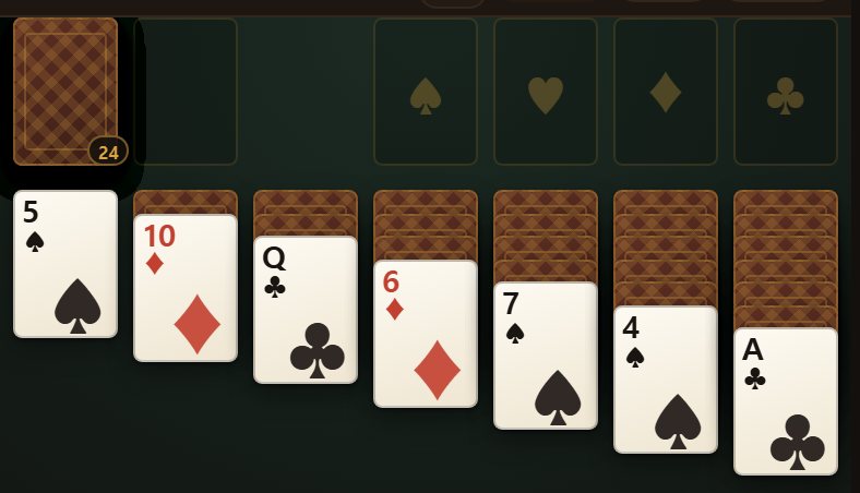 A freshly dealt board. Seven columns growing by one card each, with only the bottom card of each face up.