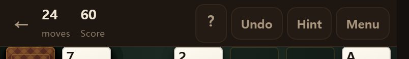The top bar. Time, moves and score on the left; undo, hint and menu on the right.