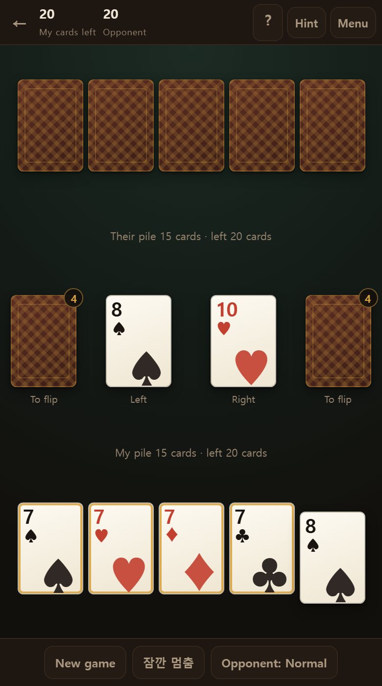 When neither side can play, one card from each outer pile is turned onto the middle and the game opens up again.