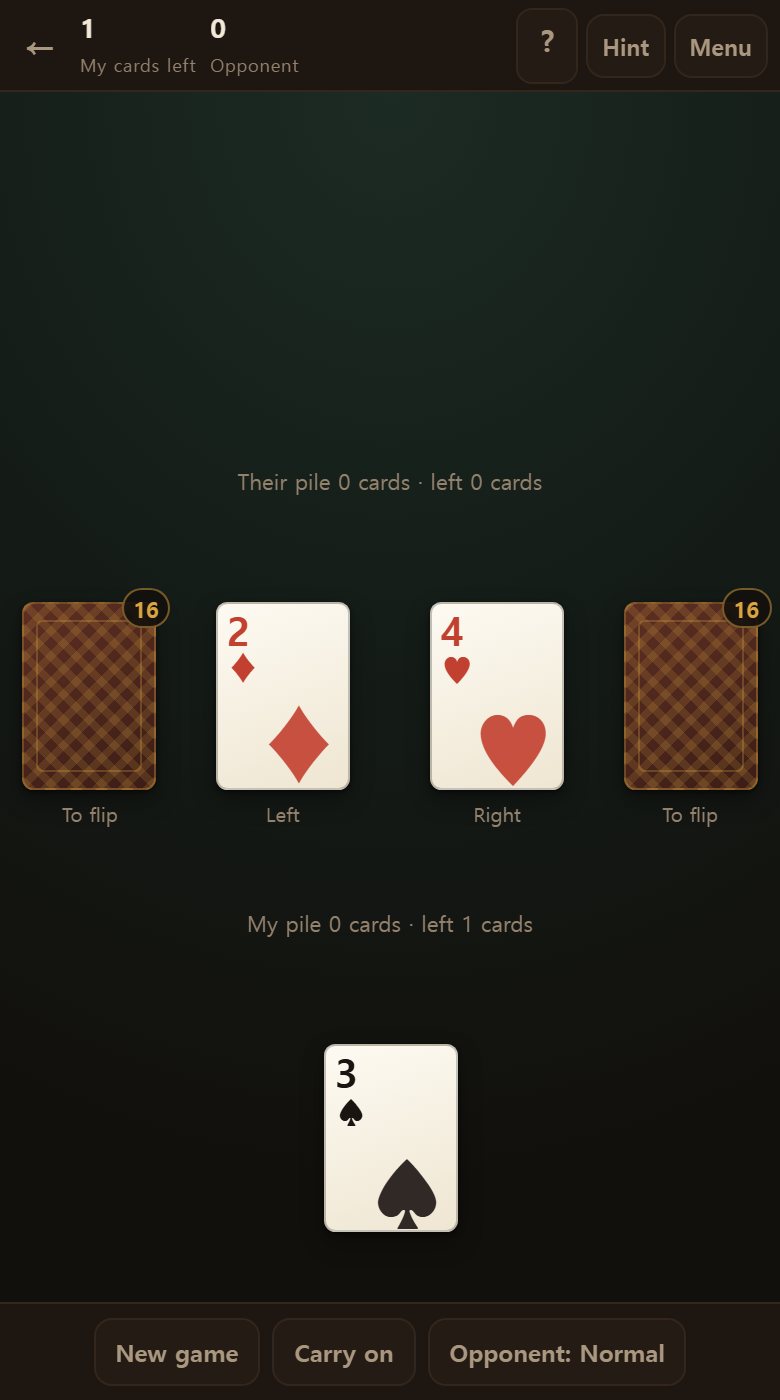 Down to a few cards each. From here a single card decides it.