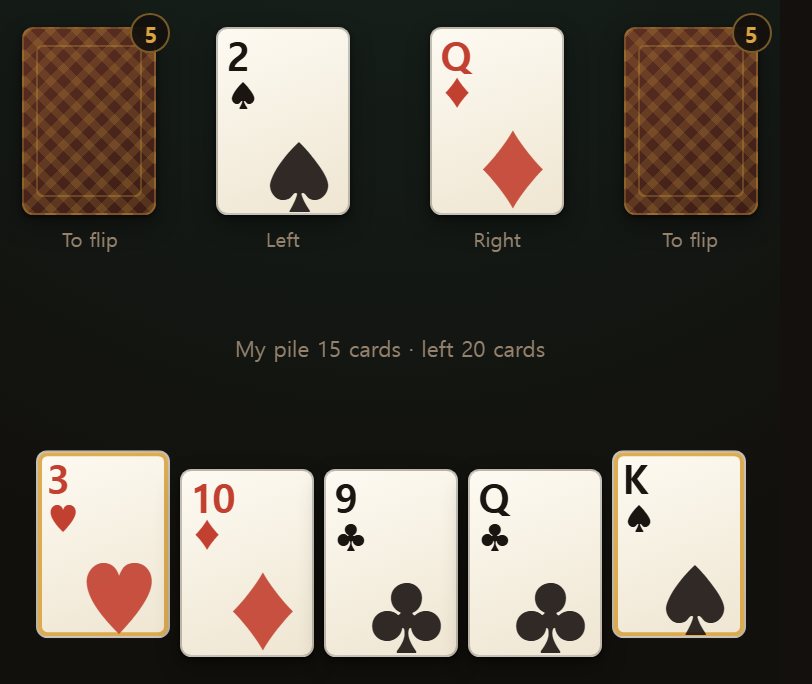 A card that lifts with a gold ring goes out on a single tap.