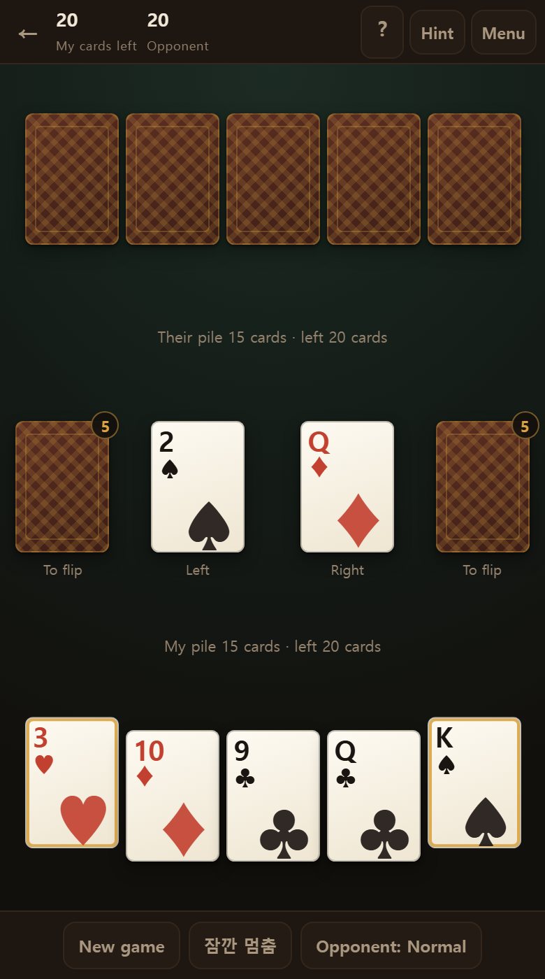 A fresh deal: five cards in hand, fifteen in your pile, and five in each flip pile.